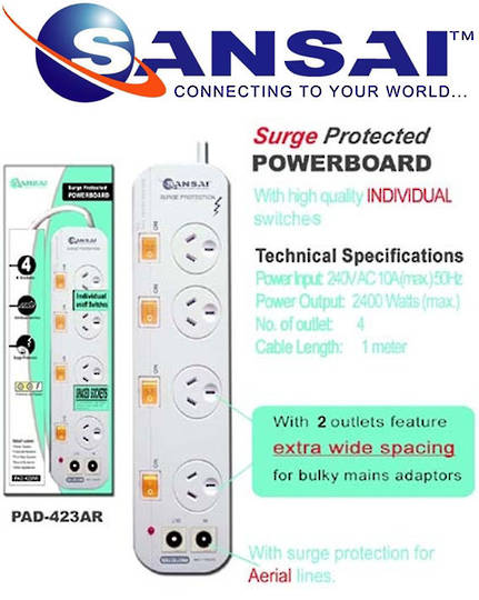 SANSAI 4 Way Surge Powerboard with TV line
